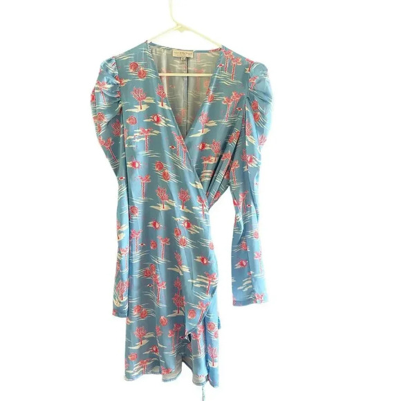 Never Fully Dressed Women's Blue & Pink V-Neckline Wrap Mini Dress Size 12 - Picture 2 of 3